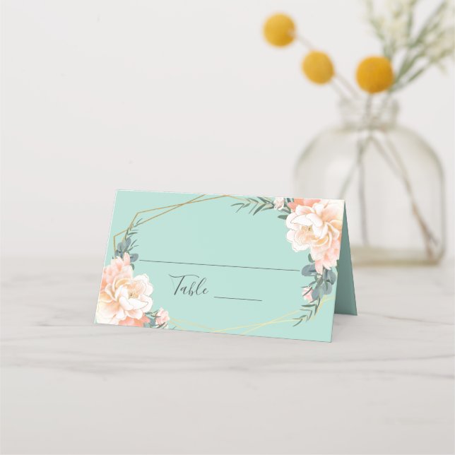 Mint Green Peach Floral Gold Geometric Wedding Platzkarte (Vorderseite)