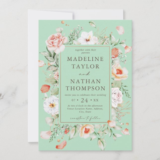 Mint Green & Peach Floral Wedding Einladung (Vorderseite)