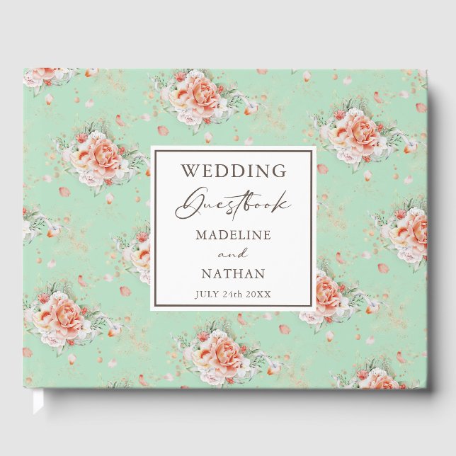 Mint Green & Peach Floral Wedding Gästebuch (Vorderseite)