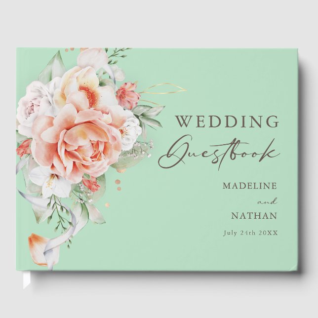 Mint Green & Peach Floral Wedding Gästebuch (Vorderseite)