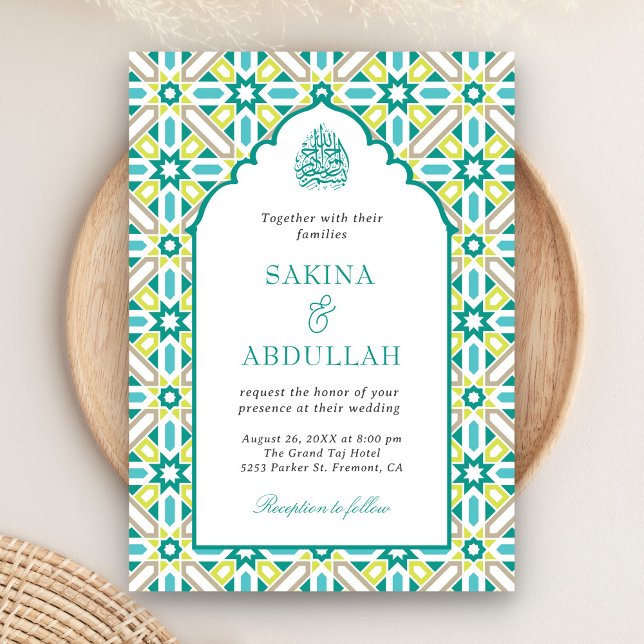 Mint Green Persian Mosaic QR Code Muslim Hochzeit Einladung (Von Creator hochgeladen)