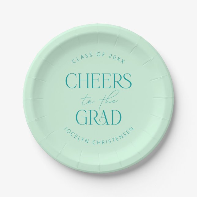 Mint Green Personalisiert Cheers Grad Party Pappteller (Vorderseite)