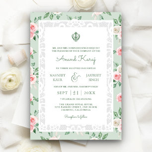 Mint Green Pink Anand Karaj Punjabi Sikh Wedding Einladung