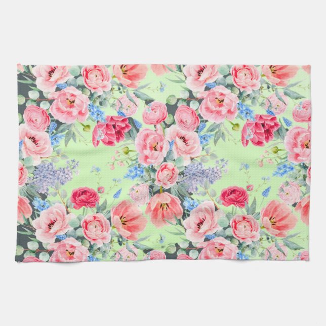 Mint Green Pink Floral Kitchtuch Geschirrtuch (Horizontal)