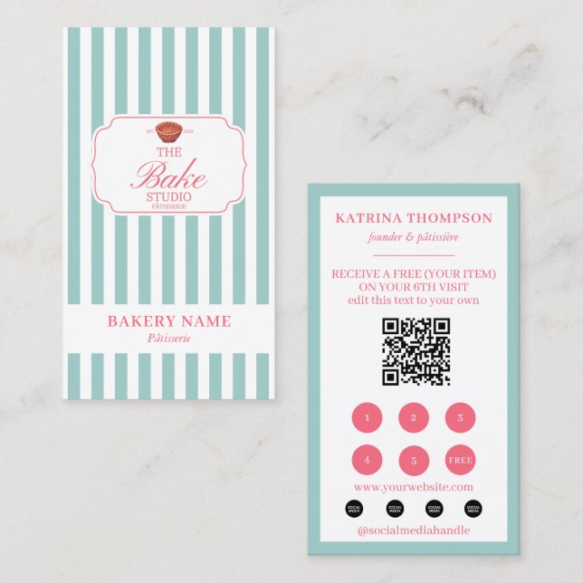 Mint Green Pink Stripes Bakery Logo Loyalty Punch Visitenkarte (Vorne/Hinten)