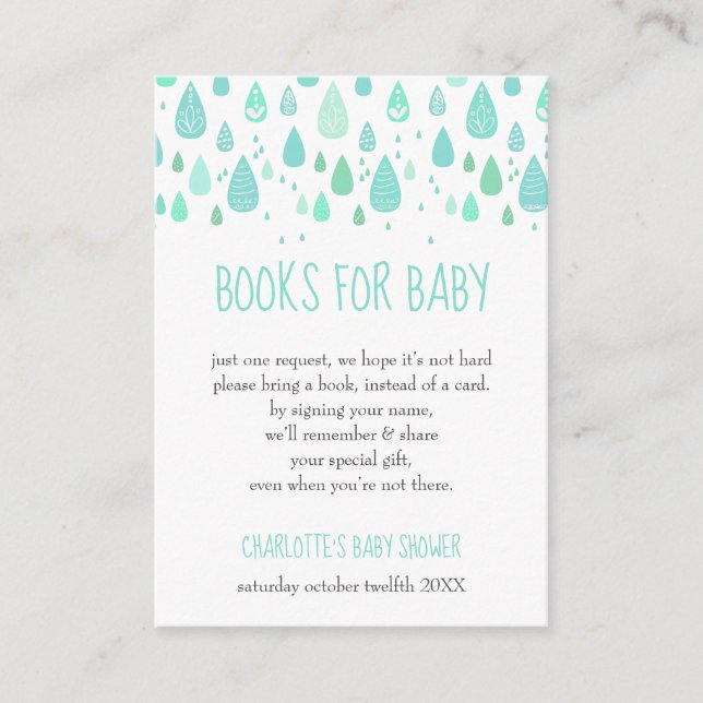 Mint Green Raindrops Book Request Baby Shower Begleitkarte (Vorderseite)