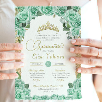 Mint Green Rose Floral Gold Elegante Quinceanera Einladung