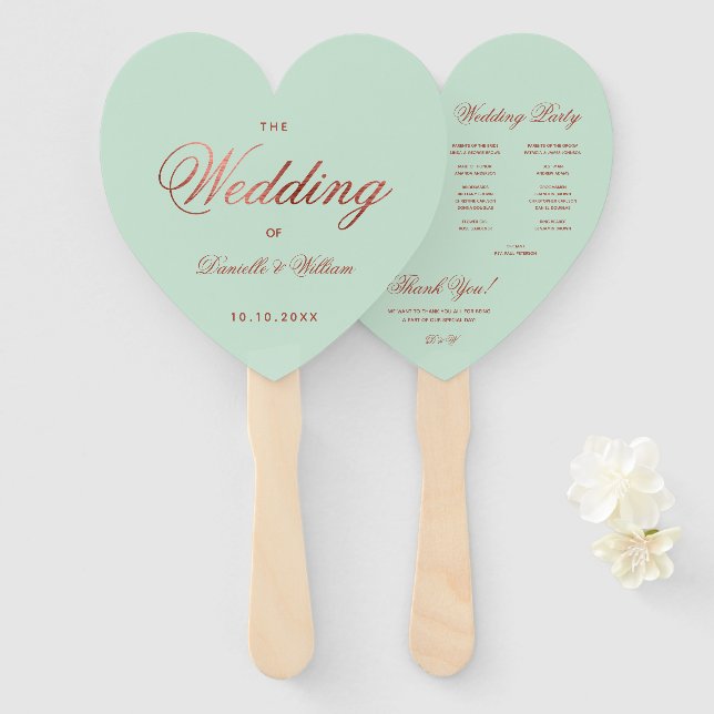 Mint Green Rose Gold Wedding Program Heart Fächer (Vorne und Hinten)