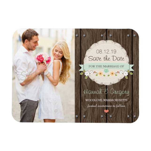 Mint Green Rustic Floral Boho Save the Date Magnet (Horizontal)