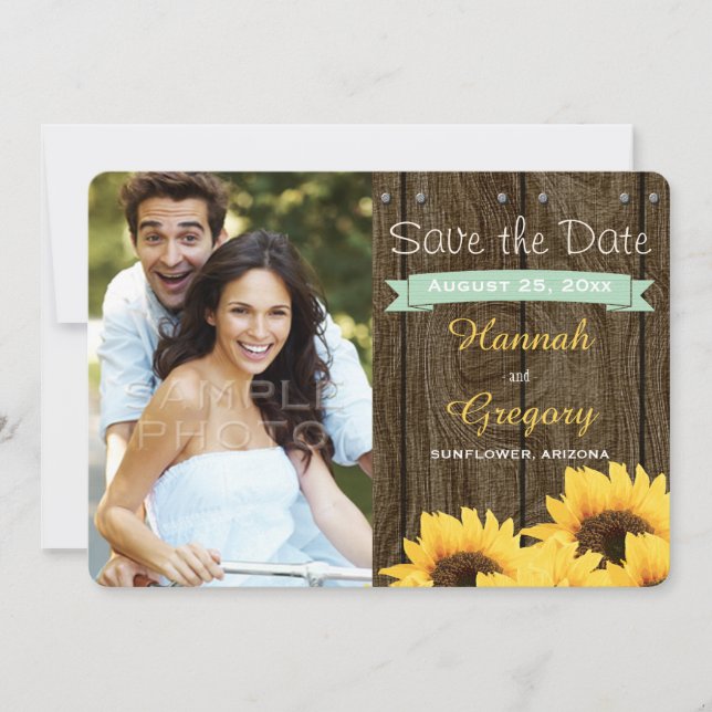MINT GREEN RUSTIC SUNFLOWER SAVE THE DATE KARTE (Vorderseite)