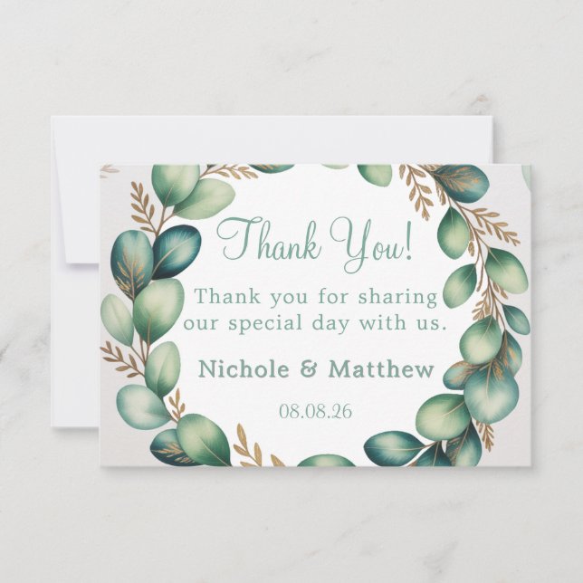 Mint Green & Sage Green Eucalyptus Wedding Dankeskarte (Vorderseite)