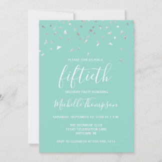 Mint Green Silver Confetti 50. Geburtstagsparty Einladung