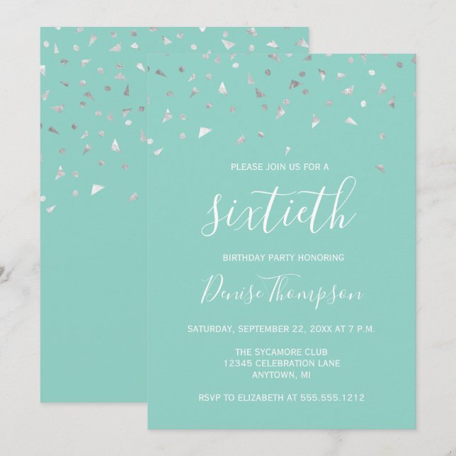 Mint Green Silver Confetti 60. Geburtstagsparty Einladung (Vorne/Hinten)