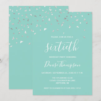 Mint Green Silver Confetti 60. Geburtstagsparty Einladung