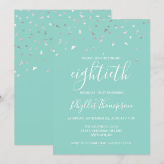 Mint Green Silver Confetti 80. Geburtstagsparty Einladung