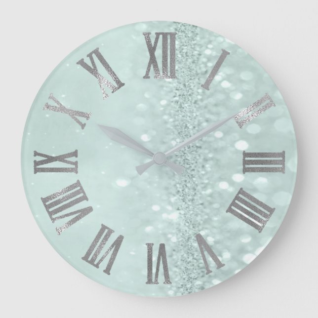 Mint Green Silver Glitzer Grau römische Zahlen Große Wanduhr (Vorderseite)