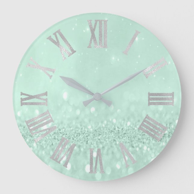 Mint Green Silver Paste Glitzer Grau römische Zahl Große Wanduhr (Vorderseite)