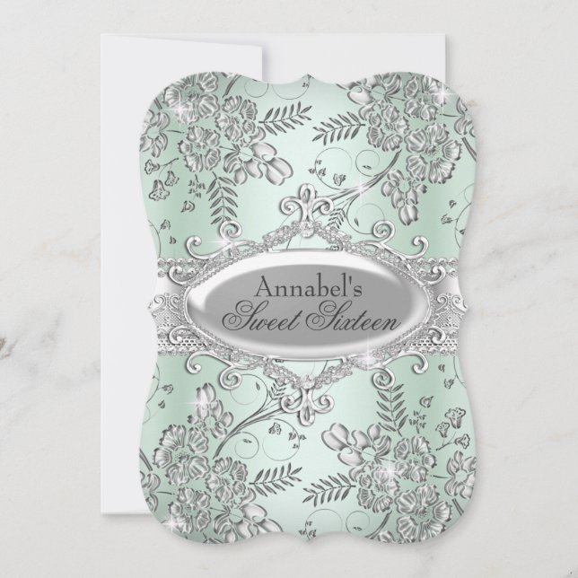 Mint Green Silver Sparkle Blume Sweet 16 Einladung (Vorderseite)