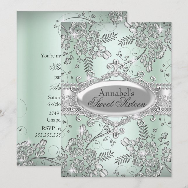 Mint Green Silver Sparkle Blume Sweet 16 Einladung (Vorne/Hinten)