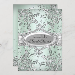 Mint Green Silver Sparkle Blume Sweet 16 Einladung