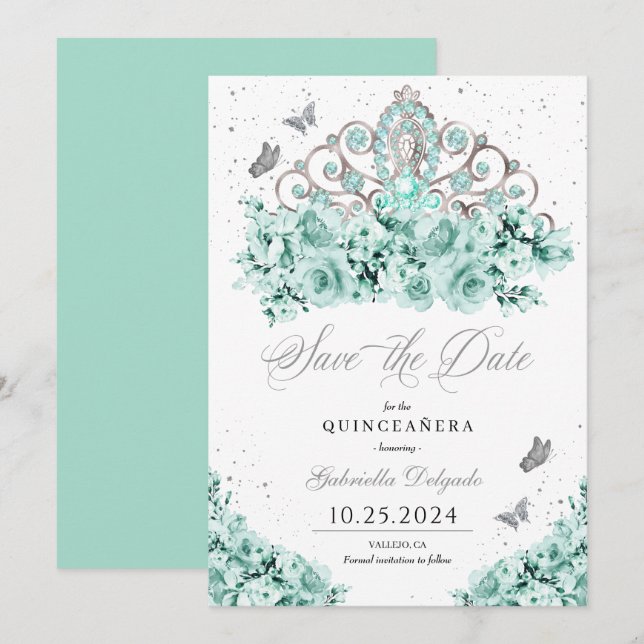 Mint Green Silver Tiara Save the Date Quinceañera Einladung (Vorne/Hinten)