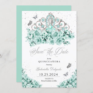 Mint Green Silver Tiara Save the Date Quinceañera Einladung