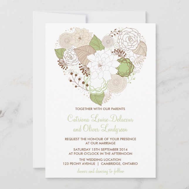 Mint Green Spring Heart Blume Hochzeit Einladung (Vorderseite)