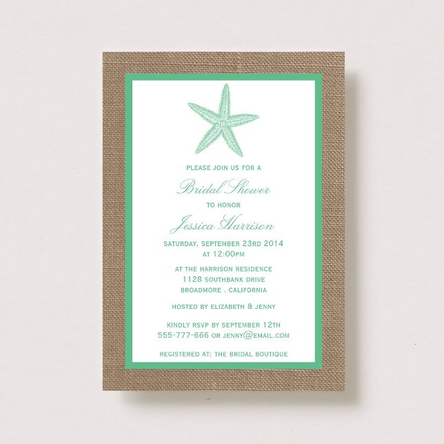Mint Green Starfish Beach Burlap Brautparty Einladung (Von Creator hochgeladen)