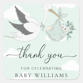 Mint Green Stork Baby Dusche Danke Quadratischer Aufkleber