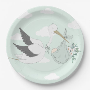 Mint Green Stork Baby Dusche Pappteller