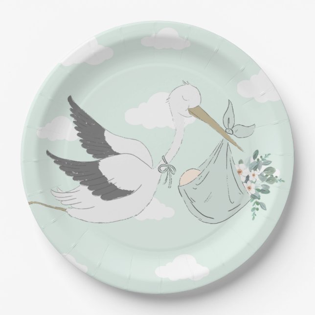 Mint Green Stork Baby Dusche Pappteller (Vorderseite)