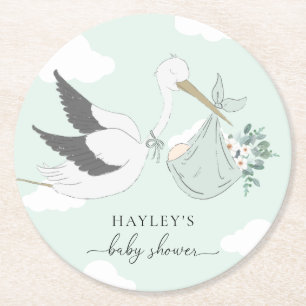 Mint Green Stork Baby Dusche Runder Pappuntersetzer