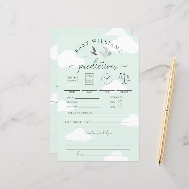 Mint Green Stork Baby Predictions Game (Vorderseite/Rückseite Beispiel)