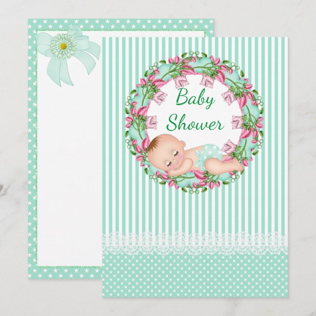 Mint Green Stripe Babydusche Einladung (Vorne/Hinten)