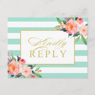 Mint Green Stripes Floral Gold Hochzeit RSVP Einladungspostkarte