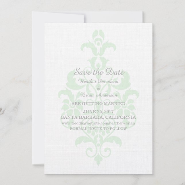 Mint Green subtle Damask Save the Date einladen Einladung (Vorderseite)