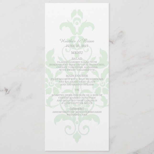 Mint Green subtle Damask Wedding Menu Menükarte (Vorderseite)