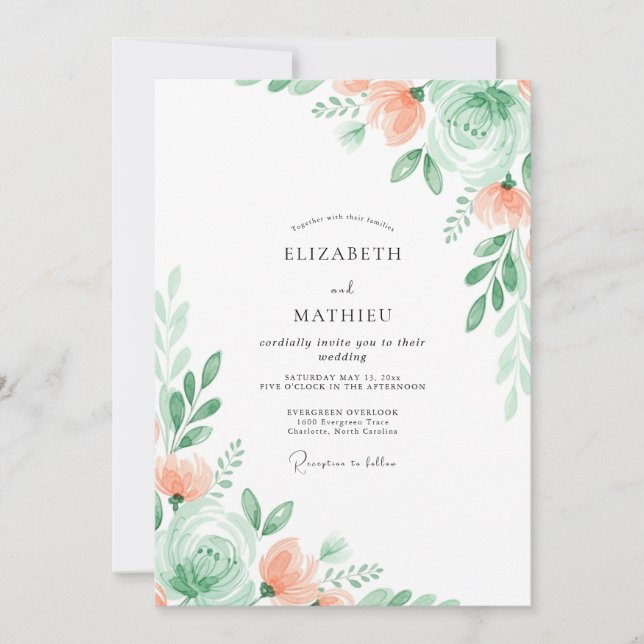 Mint Green Subtle Floral Wedding Einladung (Vorderseite)