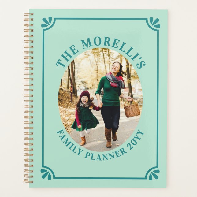 Mint Green & Teal Oval Photo Family Planer (Vorderseite)