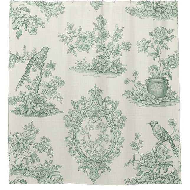 Mint Green Toile Floral and Bird Pattern Duschvorhang (Vorderseite)
