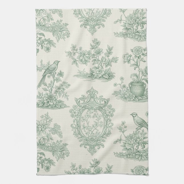 Mint Green Toile Floral and Bird Pattern Geschirrtuch (Vertikal)