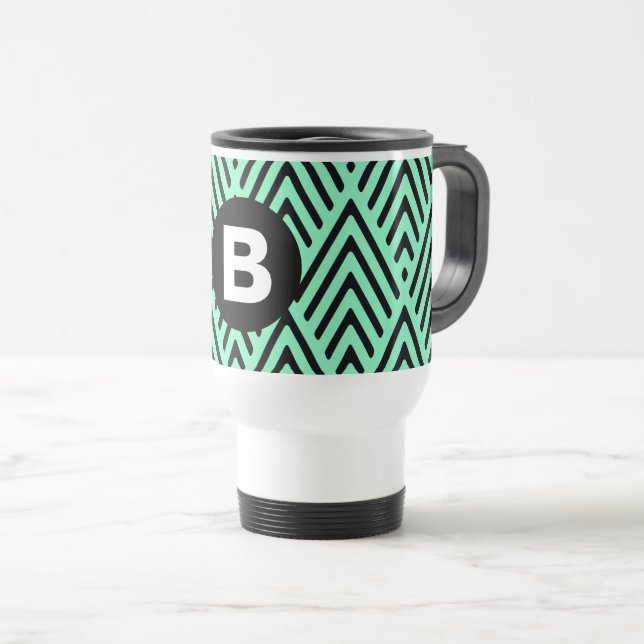 Mint Green Trendy Chevron Pattern Monogram Reisebecher (VorderseiteRechts)