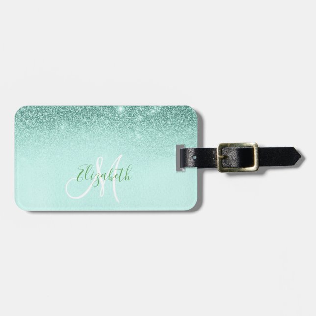 Mint Green Trendy Ombre Glitzer Monogram Luggage Gepäckanhänger (Vorderseite horizontal)