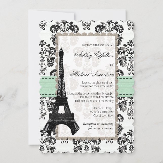 Mint Green und Black Damask Eiffelturm Hochzeit Einladung (Vorderseite)