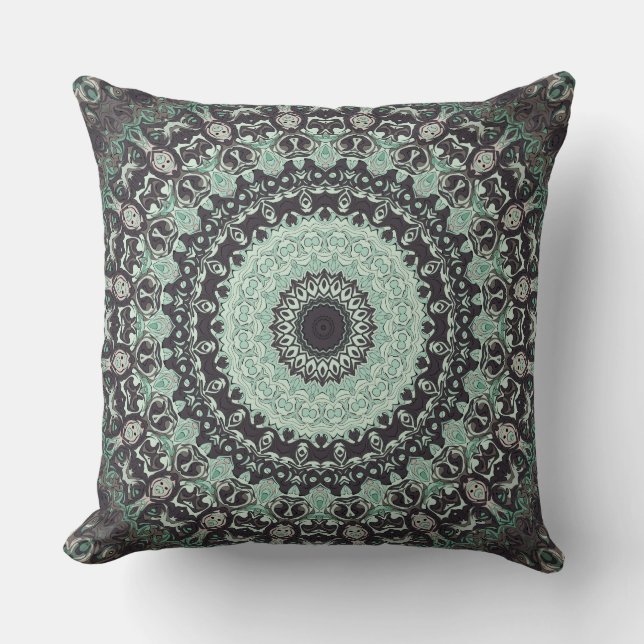 Mint Green und Charcoal Mandala Muster Kissen (Vorderseite)