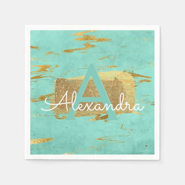 Mint Green und Gold Foil Elegante Marble Geburtsta Serviette (Vorderseite)