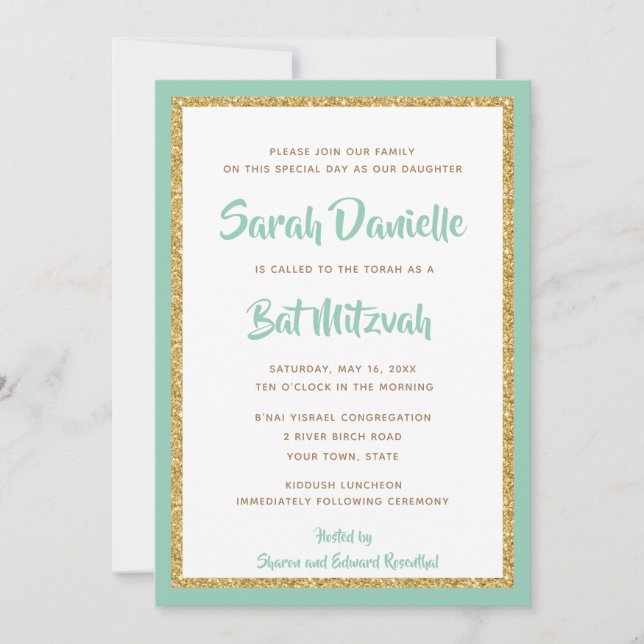 Mint Green und Gold Glitzer Rectangle Bat Mitzvah Einladung (Vorderseite)