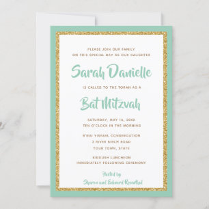 Mint Green und Gold Glitzer Rectangle Bat Mitzvah Einladung