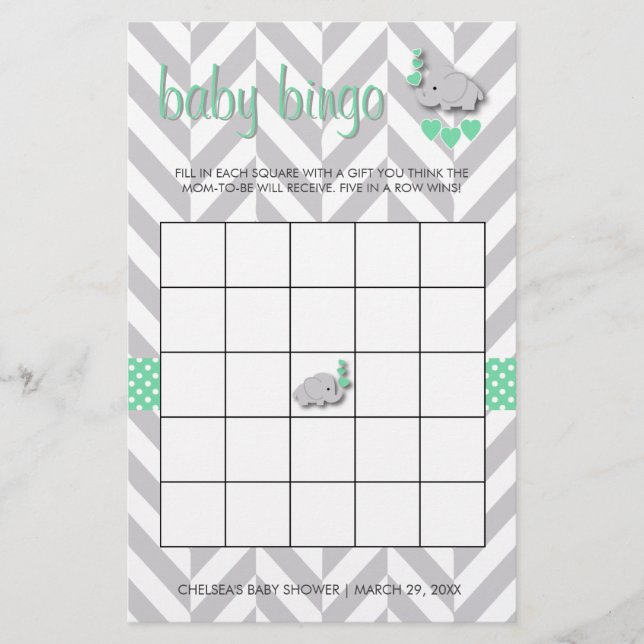 Mint Green und Gray Elephant Baby Shower Bingo Briefpapier (Vorderseite)