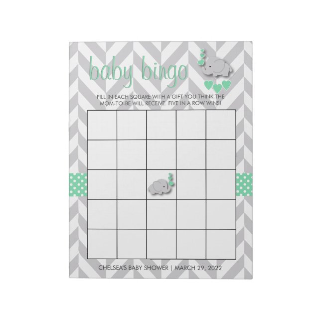 Mint Green und Gray Elephant Baby Shower Bingo Notizblock (Rotiert)
